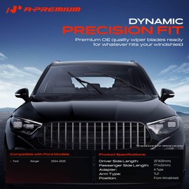 A-Premium Pack of 2 Windshield Wiper Blades with Wear Indicator & Towel - Compatible with Ford Ranger 2024-2025 - 25" and 17", TLP Connector, Left and Right