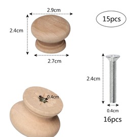 HIQE-FL Wooden Door Drawer Handles, Pack of 15 Furniture Knobs, Wooden Drawer Handles, Cupboard Knobs, Cabinet Knobs with Screws, Knobs for Cabinets and Drawers, Round, Wood
