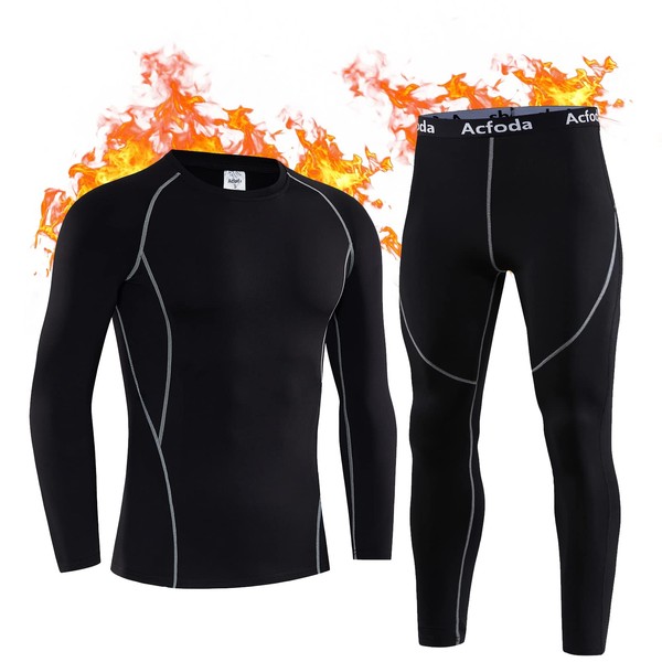 Acfoda Winter Thermal Underwear Set Men's Warm Ski Underwear Soft Breathable Functional Underwear S-XXL, 22 black / grey