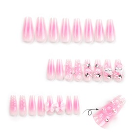 Coffin Press on Nails Y2K Long Pink False Nails Kawaii 3D Glitter Rhinestone Heart Pearl Bow Acrylic False Nails Glossy Gel Nails for Valentine's Day Women and Girls 24pcs LL01