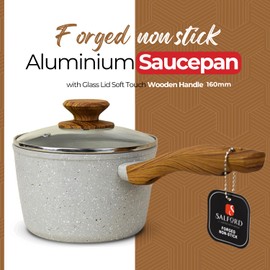 SALFORD Forged Non Stick Aluminium Saucepan 160mm Glass Lid with Soft Touch Wooden Handle - Cookware Ideal for Boiling, Simmering and Sauces PFOA Free