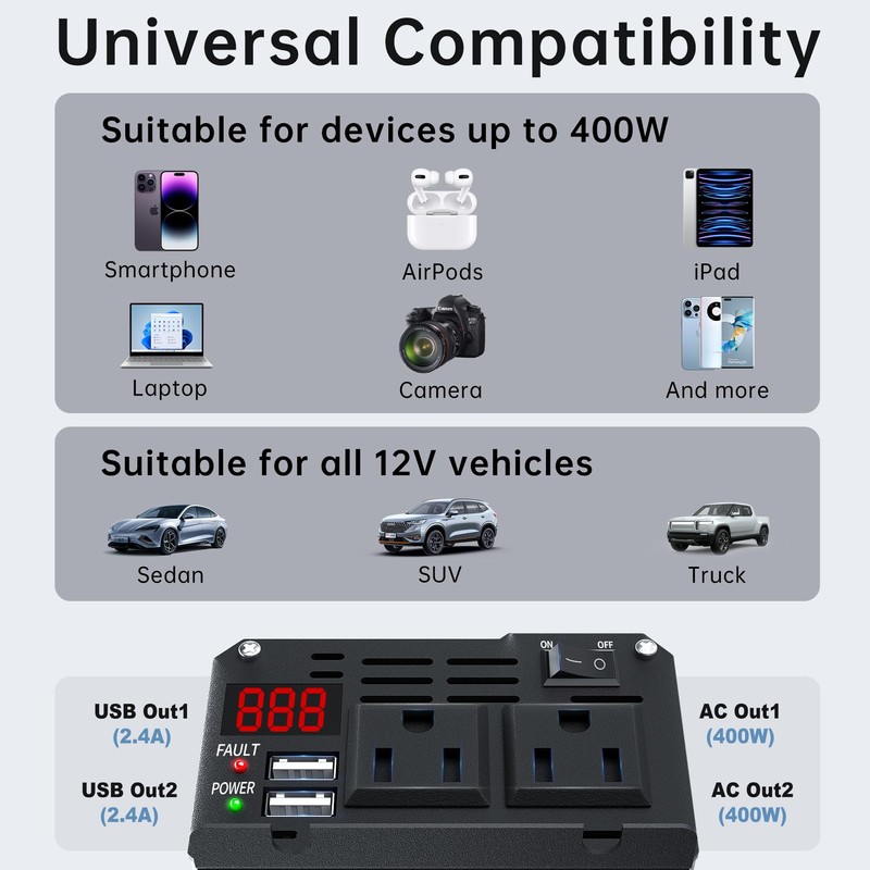 400W Power Inverter DC 12V to 110V AC Car Inverter