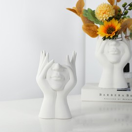 Female Head Vase, Human Body Vase, Small Flower Vase, White Ceramic Vase, Face Vase, Modern Garden Vase, Home and Living Room Decoration, Table Art Statue Indoor and Outdoor (B, Large)