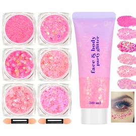 Freeorr Pink Face and Body Glitter Gel, Party Concerts Cheer Face Paint Holographic Chunky Festival Rave Accessories Glitter Makeup Gel, 6 Kinds of Sparkling Sequins for Hair Nail Eye Lip Body