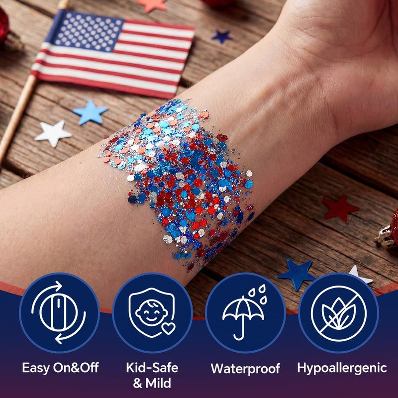 Red White and Blue Body Glitter Stick, 4th of July