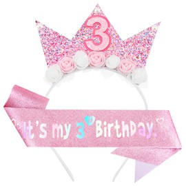 DRESHOW Birthday Sash and Tiara for Girls Princess Crown Girl Headband Happy Birthday Headpiece Glitter Hair Band Decorations