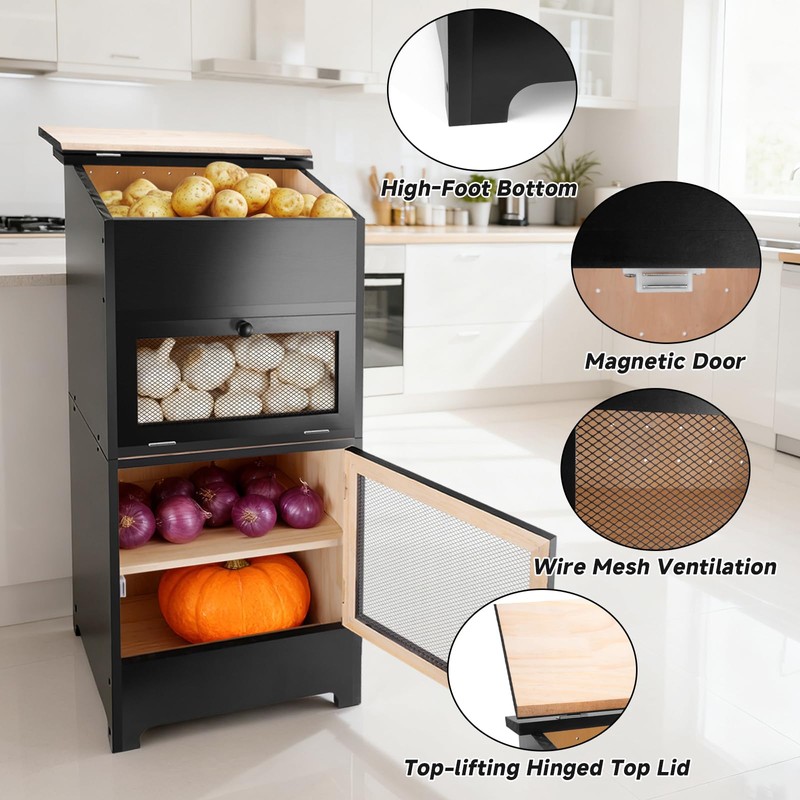 Large Potato and Onion Storage Bin - Wooden Stackable Bread