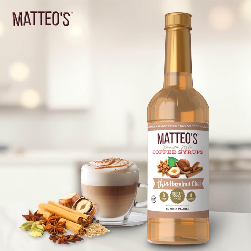 Matteo's Barista Style Sugar-Free Coffee Syrup, Hazelnut Chai Flavor, Zero