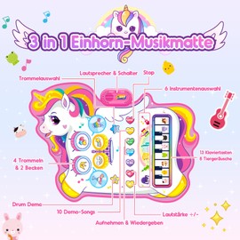 Gralal Baby Toy for Girls from 1 2 Years, Unicorn 3-in-1 Music Mat with 8 Animal Sounds, 10 Demo Songs and Recording Function, Gift 1 2 Years Girls 1st Birthday Unicorn Gifts for Girls