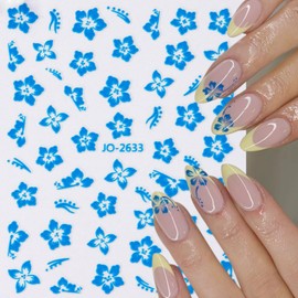 Flower Nail Stickers,Hibiscus Nail Decals 3D Green, Blue, Pink and Multi-Colored Small Flowers Pattern Summer Hibiscus Nail Design Manicure Tropical Floral Petal Sticker for Women Nail Decoration