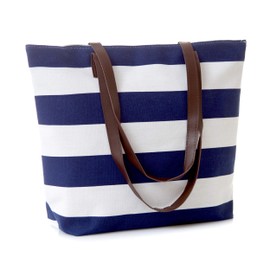Leisureland Canvas Tote Bag, Travel Tote Bag, Water Resistant Beach Bag (L17"xH13"xW4", Leather Handle Navy Blue)