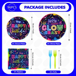 96Pcs Neon Party Supplies Let's Glow Party Decorations Glow In The Dark Colorful Plates and Napkins Tableware Set Neon Birthday Decorations for Baby Shower Game Black Night Themed Favors Serve 24
