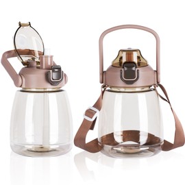 YOBOKO 1.1L Large Water Bottle Lovely Wide Mouth Drink Bottle with Handle Leak Proof Big Bottle with Straw and Adjustable Strap for Camping Cycling Gym Sports (1PC, Coffee)