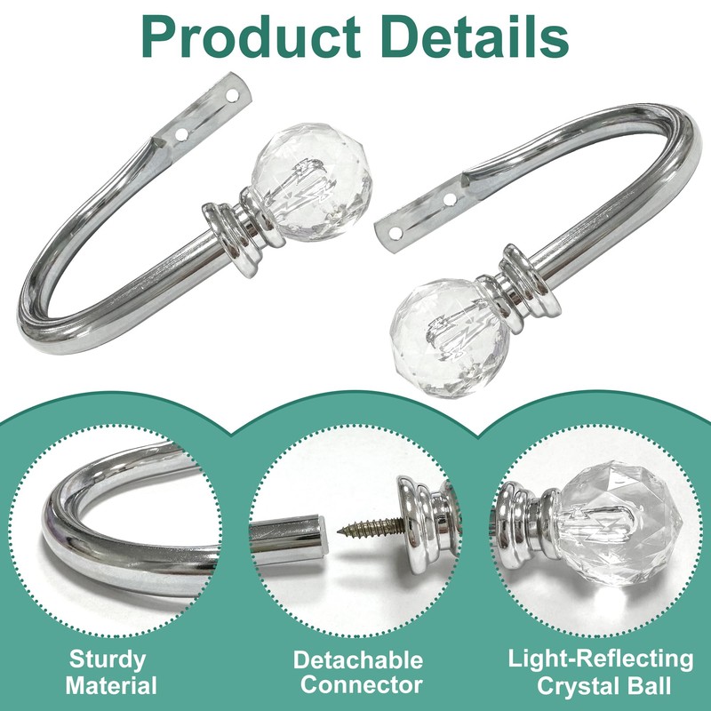 Crystal Ball Curtain Tie Backs Silver Metal Wall Mounted Holders