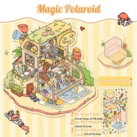 4Pcs DIY 3D Fun Mini House Cartoon Scene Sticker Sets-Ramophone of musi,Magic Polaroid，Mocha Pot Park，Sky Tree House. Sticker Set Funny Cartoon Scene Stickers for Relief Stress Pass The Time