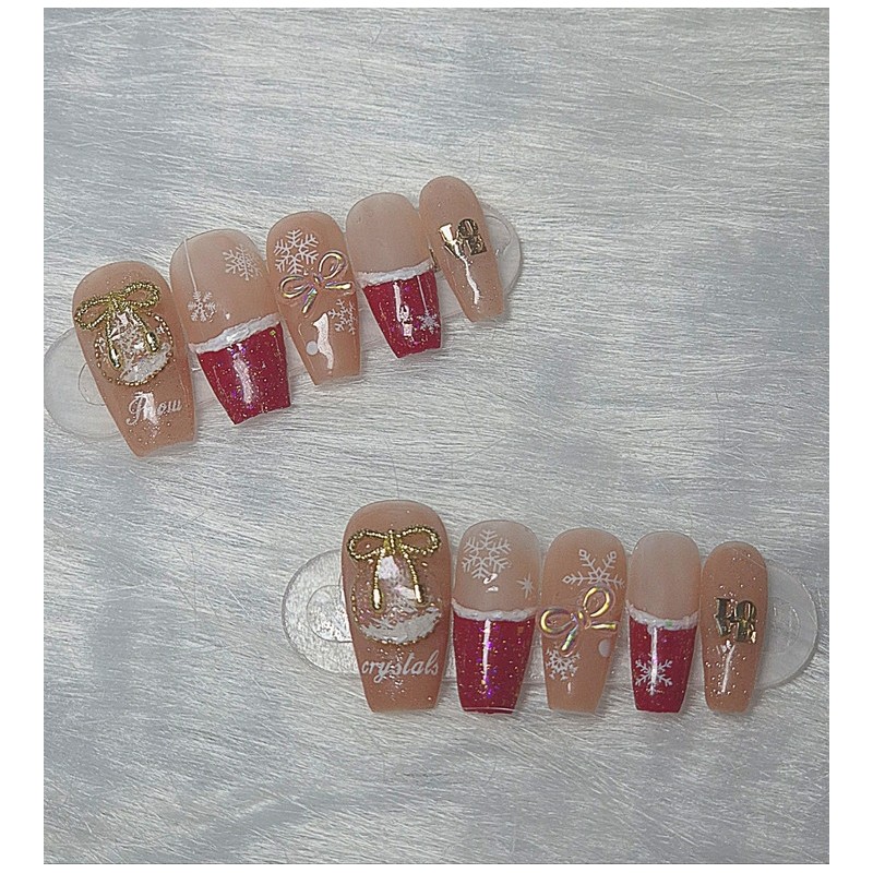 [In-Store Special Discount] Red Beige Christmas Handmade Nail Tips -