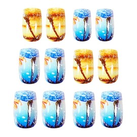 24 Pcs Summer Seaside Press on Nails Medium Square,YIHONGYAN Fake Nails Press ons Blue Nail Tips Acrylic Set Glue on Nails Full Cover False Nails with Coconut Trees Design Glossy Stick on Nails Women