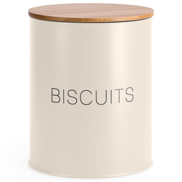 EHC Round Enamel Biscuit Jar, Cookie Container With Lid, Food Storage Canister, Barrel With Airtight Bamboo Lid, Cream