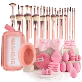 56 Piezas Set de Brochas de Maquillaje Profesional Completo, Brochas para Maquillaje Profesional y Bolsa, Brochas de Maquillaje Kabuki Sintético Rubor Polvo Base (Rosa 56 piezas)