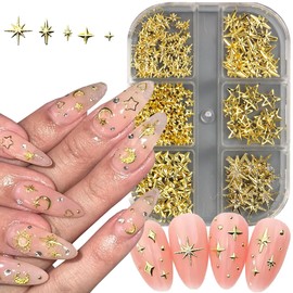 Star Nail Charms,6Grid Gold Star Nail Charms for Nails Art 3D Alloy Star Metal Nail Art Studs Rhinestones Cross Star Rivet Manicure Fine Metal Accessory Acrylic Nail Jewelry Manicure Kit Nail Supplies