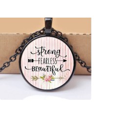 Fashion Jewelry STRONG FEARLESS BEAUTIFUL QUOTE WORDS  Black Chain 18" Necklace 1" Large Pendant