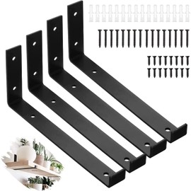 WHATWEARS 4 Pcs Black Shelf Brackets, Heavy Duty L Shape Iron Brackets with Screws and Anchors (5 inch, 8 inch, 9 inch, 10 inch)