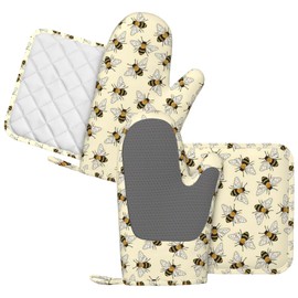 MIFSOIAVV Happy Busy Bees Oven Mitts and Pot Holders Sets Silicone Bees Kitchen Mitts Bees Potholders Heat Resistant 4Pcs Bees Oven Gloves Hot Pads for Kitchen Baking Cooking BBQ Grilling