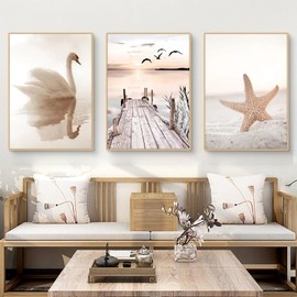 Uixxducc Boho Poster Set Aesthetics Beach Landscape Picture Set, Beige Reed Pampas Wall Pictures Living Room, Beautiful Canvas Picture Wall Decoration for Bedroom without Frame (30 x 40 cm, D)