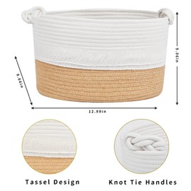 Ladkew Cotton Rope Woven Storage Basket 13’’*9’’ for Organizing,Tassel Decorative Blankets Basket for Live Room Nursery Toys Bins Laundry Basket.