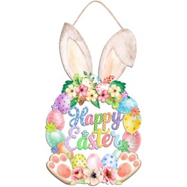 Easter Decoration Wooden Door Wreath for Front Door Sign Cute Bunny Happy Easter Wooden Door Hanger Rabbit Spring Flower Eggs Welcome Hanging Sign for Outdoor Indoor Home Wall Decor