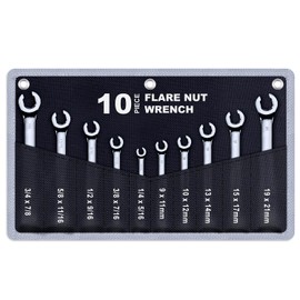 10-Piece Complete Metric and SAE Flare Nut Wrench Set with Pouch | Metric 9mm - 21mm, Inch 1/4” - 7/8” | Cr-V Steel, 6-Point Double-End Design, Perfect Line Wrench for Fuel, Brake and Air Conditioning