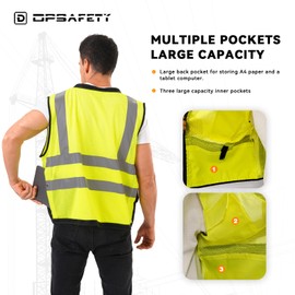 DPSAFETY Reflective Safety Vest With Back Plan Pocket, High Visibility Class 2 Heavy Duty Surveyor, ANSI/ISEA Standard, Construction Work for Men & Women (Lime-Button, M)
