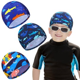 Geyoga Kids Swim Caps 3 Pieces Bathing Swimming Hats Unisex Polyester Bathing Cap Pool Cap Summer Swimming Caps for Boys Girls Long Short Hair (Shark, Dolphin)