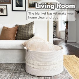 CherryNow 22"x22"x14" Large Blanket Basket, Home Décor for Living Room Bedroom, Boho Decorative Laundry Basket for Clothes, Baby Toy Storage, White