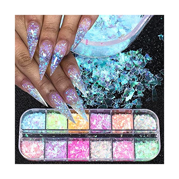 Mermaid Flake Nail Glitter Sequins, CHANGAR Iridescent Ice Slag Nail Glitter Colorful Fluorescent Glass Paper Nail Sticker Holographic Nail Glitter for Make Up DIY Nail Decoration