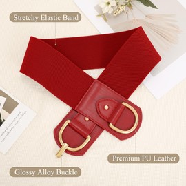 Wide Belts for Women Fashion Elastic Belt for Dresses Vintage Waist Belt Ladies Stretchy Belt Gold Buckle,Red 28"