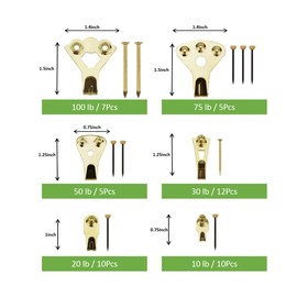 Picture Hangers, Coologin 120 Pieces Professional Photo Frame Hooks, Heavy Duty Picture Hanging Kit with Nails for Wall Mounting, Holds 10-100 lbs,Golden