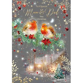 Cherry Orchard 'Special Mum & Dad' Luxury Christmas Card, Artistic design with 2 little Robins sat on Holly, from the Gorgeous Grace Range. Comes complete with gold envelope.