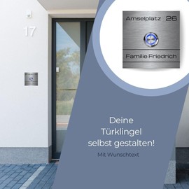 Bell Plate with Engraving and Modern Bell Push - Door Bell Model Friedrich from 8 x 8 cm | Optional with Decorative Acrylic Glass Plate and Illuminated Push Button