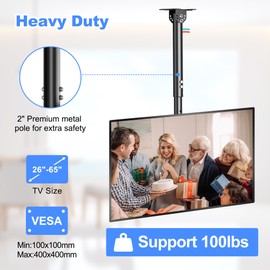 XINLEI Ceiling TV Mount Full Motion TV Bracket for Most 26 to 65 Inch Flat Curved TVs/Monitors, Swivel Tilt Height Adjustable Hanging TV Mount, Hold up to 100 Lbs, VESA 400x400mm MCA3
