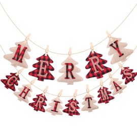 Merry Christmas Banners,Christmas Burlap Banners,Red-White Plaid,14 Pieces,Burlap Hessian Bunting Hanging Decorations,for christmas Party Decorations Outdoor Indoor