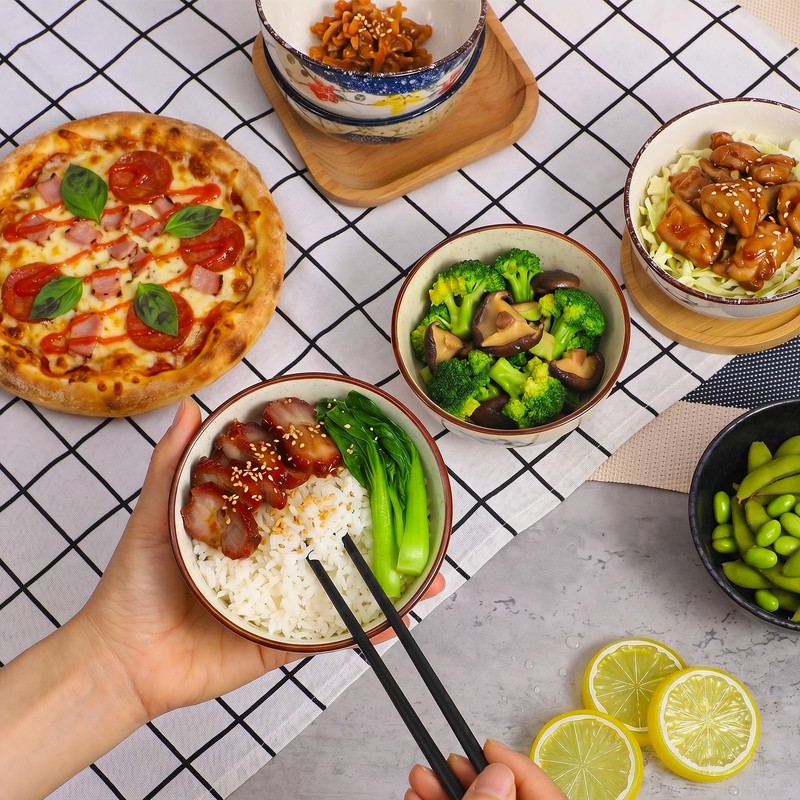 6 Pack Rice Bowls, 4.5 Inch 10 Oz Japanese Retro