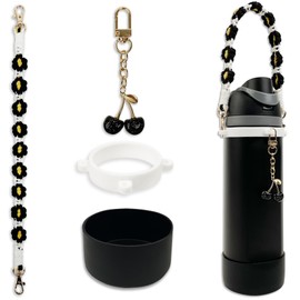 BydGxy Protective Silicone Boot & Handle Strap Set with Cherry Charm Compatible with Owala Water Bottle 24 oz & FreeSip, Non-Slip Cup Holder Base Owala Accessories Set for Pink Tumblers (Black)
