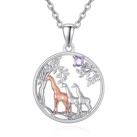 KINGWHYTE Giraffe Gifts for Women Giraffe Necklace 925 Sterling Silver Cute Animal Three Giraffe Rose Gold Family Tree Giraffe Birthday Valentines Gifts for Ladies, June