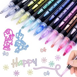 TSZCOO 12 Colores Marcadores Metálicos de Doble Línea,Plumones Mágico para Contornos,Marcadores Acrílicos,Álbumes de Fotos, Tarjetas de Felicitación,garabatos,Dibujar,Hacer Carteles