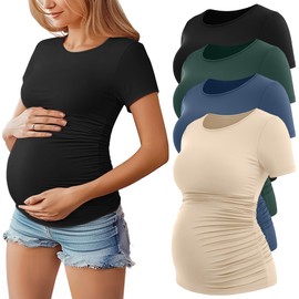 Huukeay 4 Pack Women's Maternity Shirts, Crew Neck Maternity Top Short Sleeve Casual Cotton Tee Side Ruched Pregnancy Clothes(Black, Apricot, Haze Blue, Dark Green,Large)