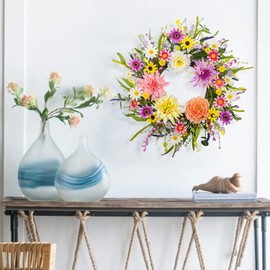 MagicWreath Artificial Spring Wreath 22 Inch Floral Wreaths for Front Door Spring Summer Wreath with Dahlia Daisy Flowers for Indoor Porch Wall Springtime Holidays Easter Celebrations