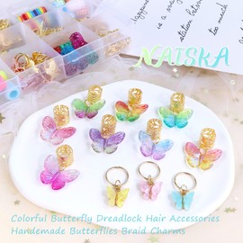 NAISKA 140Pcs Gold Butterfly Hair Jewelry for Braid Colorful Loc Beads Dreadlocks Accessories Jewelry for Women Braids Hair Charms Hair Ring for Braid Decoration