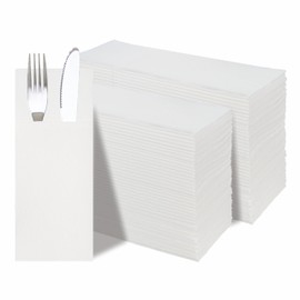 KMAKII Disposable White Paper Dinner Napkins with Built-in Flatware Pocket Disposable Paper Cloth Like Hand Pocket Napkins for Parties, Weddings, Events Linen-Feel 13x16 inches, 100 Count