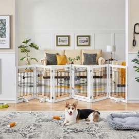 Yaheetech 148-inch Extra Wide Pet Gate for Dogs 31-inch Tall Dog Gate with Door, Foldable Wire Puppy Safety Fence w/3 Support Feet,Freestanding Dog Gate for The House, Doorway, Stairs(White,6 Panels)